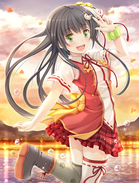 Anime picture 3200x4200 with momoiro taisen pairon namaru (summer dandy) long hair tall image blush highres open mouth black hair green eyes absurdres sky cloud (clouds) girl thighhighs dress skirt boots leaf (leaves) bell jingle bell