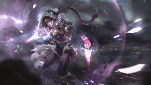 Anime picture 3510x1975 with dota 2 (game) templar assasin (dota 2) trungth (artist) single highres blue eyes brown hair wide image standing looking away fighting stance girl hood bubble (bubbles)