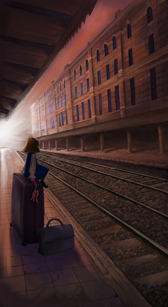 Anime picture 2007x3661 with chantilly single tall image highres short hair blonde hair sitting girl dress shoes hairband building (buildings) toy child (children) train station railways railroad tracks