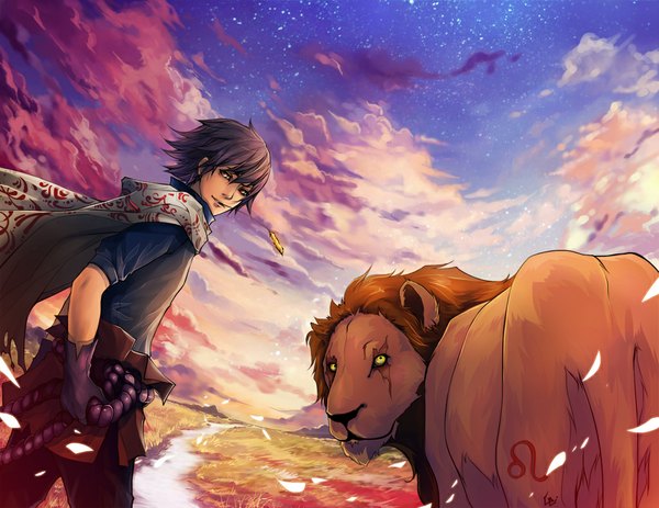 Anime picture 1024x791 with original unodu short hair yellow eyes sky cloud (clouds) looking back scenic zodiac leo (zodiac) boy gloves animal petals cloak rope lion