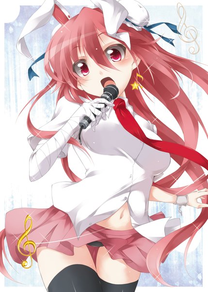 Anime picture 1200x1679 with touhou ibaraki kasen fuyuno taka (artist) single long hair tall image blush open mouth red eyes red hair zettai ryouiki reisen udongein inaba (cosplay) girl thighhighs navel black thighhighs miniskirt shirt bandage (bandages) microphone