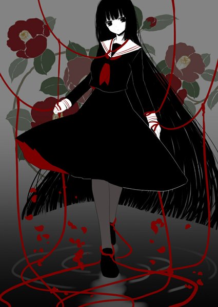 Anime picture 708x1000 with original hiroharu single tall image fringe black hair standing very long hair black eyes polka dot bondage girl dress uniform ribbon (ribbons) petals serafuku black dress