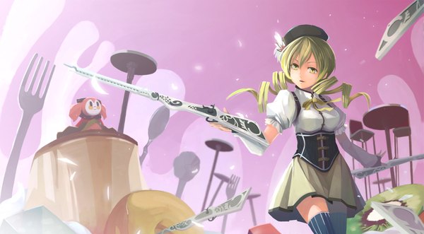 Anime picture 2171x1200 with mahou shoujo madoka magica shaft (studio) tomoe mami elrowa (artist) single highres blonde hair wide image yellow eyes drill hair girl thighhighs weapon hat rifle fork spoon