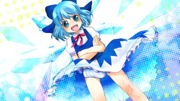 Anime picture 1920x1080 with touhou cirno shinryou rei single blush highres short hair open mouth blue eyes light erotic wide image blue hair pantyshot wallpaper crossed arms laughing girl dress bow hair bow