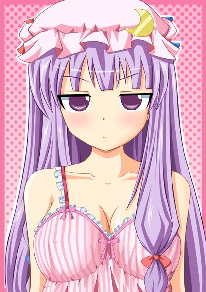 Anime picture 1024x1450 with touhou patchouli knowledge neats (artist) single long hair tall image looking at viewer purple eyes purple hair crescent girl bonnet sundress