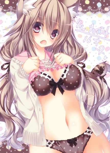 Anime picture 860x1200 with original ojitcha single long hair tall image blush open mouth light erotic purple eyes animal ears tail animal tail grey hair cat ears open clothes cat girl cat tail open shirt girl underwear
