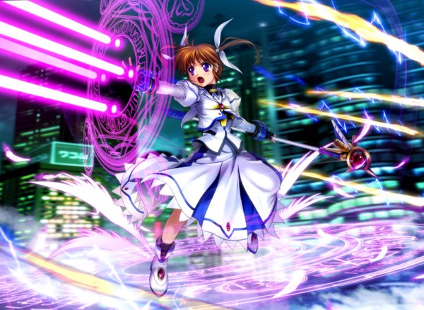 Anime picture 3000x2190 with mahou shoujo lyrical nanoha takamachi nanoha mutsuki (moonknives) single long hair highres open mouth brown hair purple eyes twintails magic girl dress gloves bow hair bow boots fingerless gloves staff magic circle