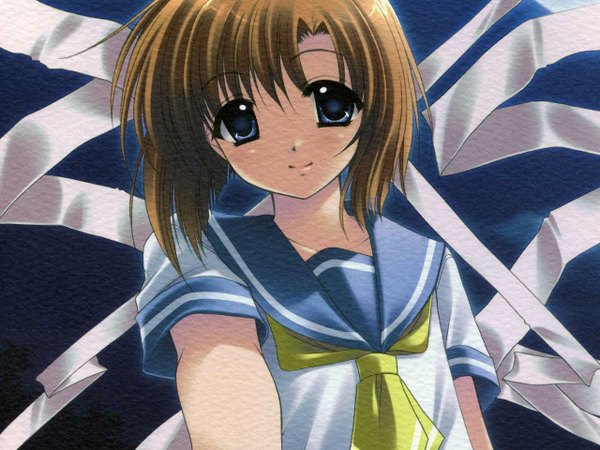 Anime picture 1280x960 with higurashi no naku koro ni studio deen ryuuguu rena nishimata aoi single looking at viewer fringe short hair blue eyes smile brown hair short sleeves girl uniform ribbon (ribbons) serafuku