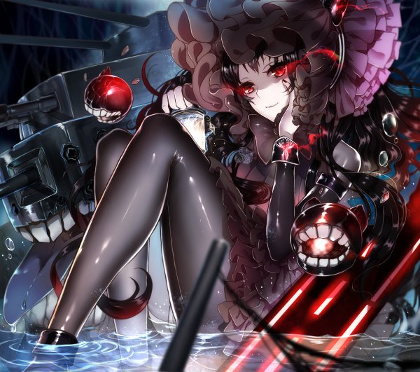 Anime picture 1200x1062 with kantai collection isolated island hime s a~ single long hair black hair red eyes glowing glowing eye (eyes) shinkaisei-kan girl dress weapon pantyhose water frills black pantyhose