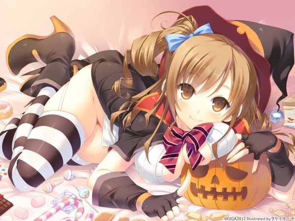 Anime picture 1600x1200 with hotch kiss giga haruhino misaki takei ooki single looking at viewer blush breasts light erotic smile brown hair brown eyes drill hair girl thighhighs gloves bow hair bow food boots
