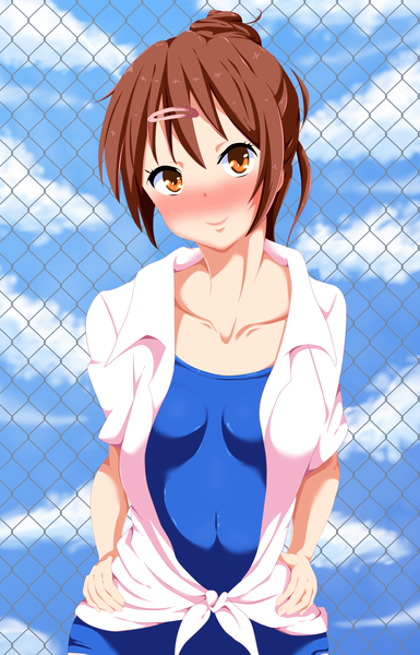 Anime picture 1000x1555 with chuunibyou demo koi ga shitai! kyoto animation nibutani shinka matias54 single long hair tall image blush smile brown hair brown eyes sky cloud (clouds) coloring hands on hips girl hair ornament swimsuit hairclip one-piece swimsuit