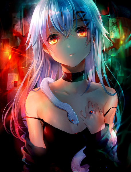 Anime picture 983x1290 with original tlla (artist) single long hair tall image looking at viewer fringe light erotic hair between eyes bare shoulders blue hair upper body parted lips orange eyes hand on chest girl animal choker bobby pin ring