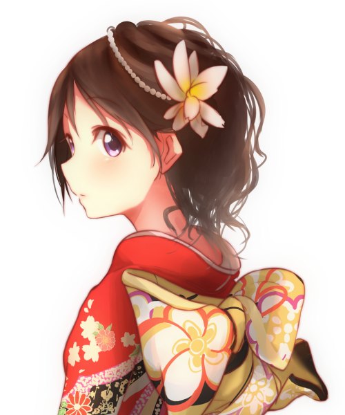 Anime picture 1000x1200 with original pachi (sugiyama0306) single tall image looking at viewer blush short hair simple background brown hair white background purple eyes traditional clothes japanese clothes profile hair flower portrait girl hair ornament flower (flowers) kimono