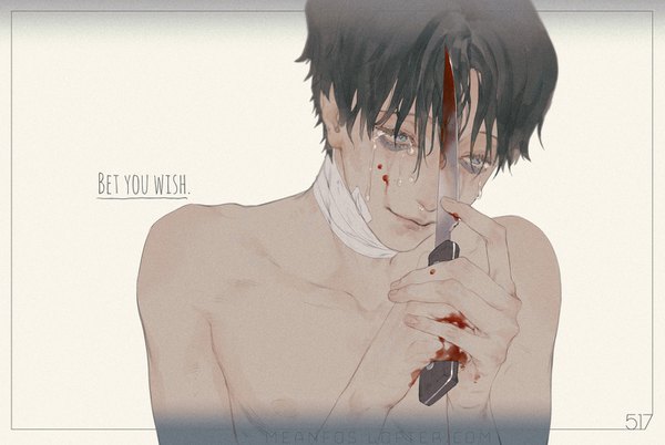 Anime picture 1492x1000 with killing stalking yoon bum meanfos single fringe short hair blue eyes black hair holding looking away head tilt fingernails lips tears crying bloody weapon shirtless boy weapon blood