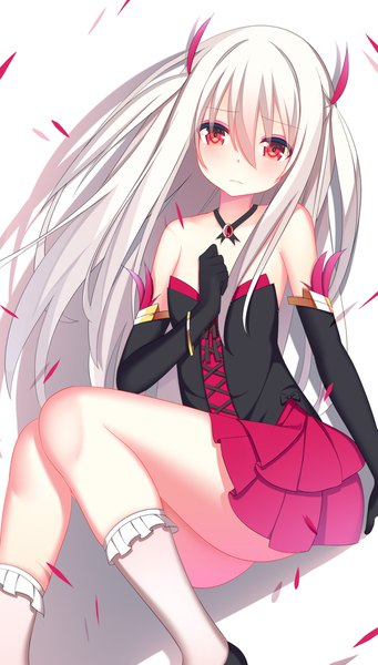 Anime picture 1181x2076 with original jyt single long hair tall image looking at viewer fringe light erotic simple background hair between eyes red eyes white background twintails white hair shadow loli knees together feet apart girl dress gloves