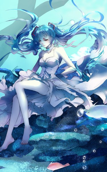 Anime picture 658x1059 with vocaloid hatsune miku zhu xiao tai single tall image fringe twintails bare shoulders blue hair full body eyes closed very long hair barefoot bare legs underwater girl dress hair ornament animal choker