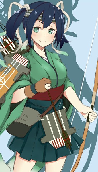 Anime picture 514x900 with kantai collection souryuu aircraft carrier takehana note single tall image blush short hair smile twintails green eyes blue hair looking away traditional clothes japanese clothes shadow short twintails blue background girl ribbon (ribbons) weapon