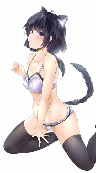 Anime picture 1000x1800 with original wingheart tall image short hair light erotic black hair simple background white background purple eyes animal ears cat ears cat girl cat tail underwear only girl thighhighs underwear panties black thighhighs