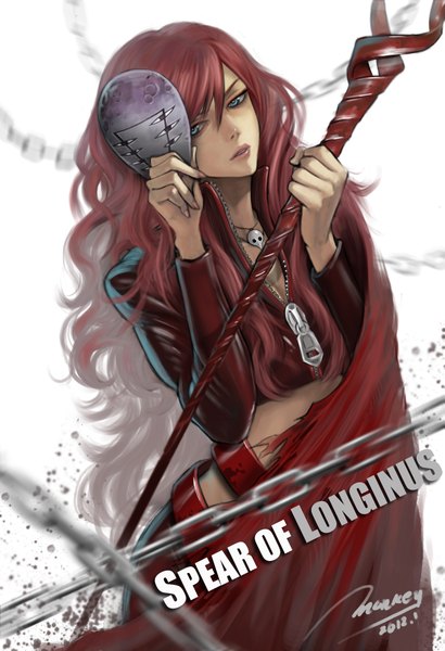 Anime picture 1411x2067 with neon genesis evangelion gainax lilith (evangelion) monkey (weibo) single tall image looking at viewer fringe standing holding signed cleavage red hair very long hair aqua eyes inscription open clothes open jacket midriff serious