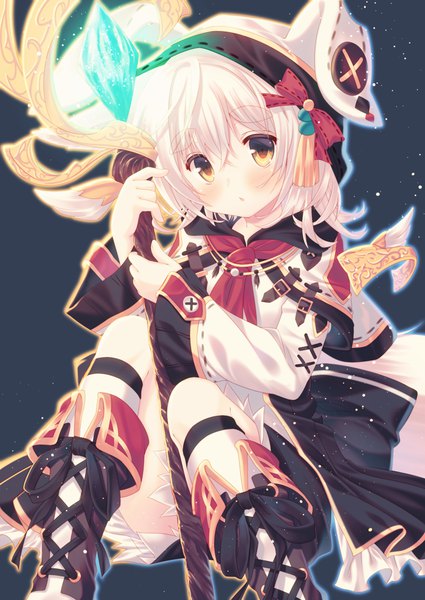Anime picture 752x1062 with original misaki yuu (dstyle) single tall image looking at viewer blush fringe short hair simple background hair between eyes sitting holding animal ears yellow eyes bent knee (knees) white hair tail parted lips head tilt animal tail