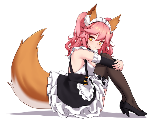 Anime picture 1956x1623 with fate (series) fate/extra tamamo (fate) (all) tamamo no mae (fate) narynn single long hair blush fringe highres breasts simple background smile hair between eyes white background sitting twintails animal ears yellow eyes pink hair