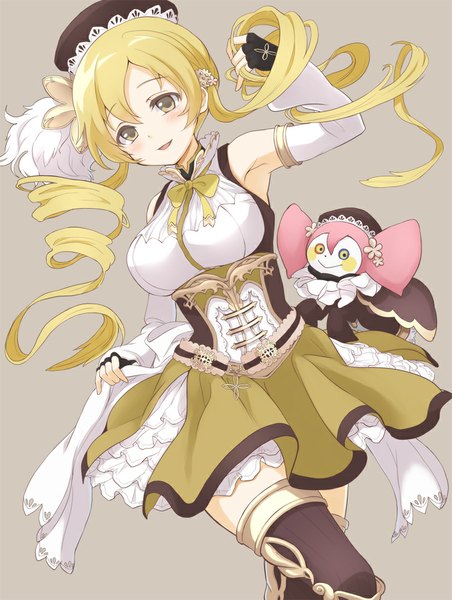 Anime picture 753x1000 with mahou shoujo madoka magica shaft (studio) tomoe mami charlotte (madoka magica) budouya single long hair tall image blush open mouth simple background blonde hair twintails yellow eyes looking away grey background armpit (armpits) drill hair underbust girl