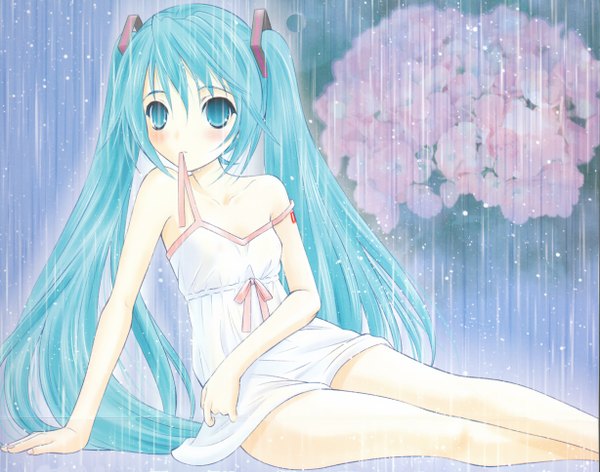 Anime picture 2456x1936 with vocaloid hatsune miku single blush highres twintails bare shoulders aqua eyes aqua hair tattoo rain girl sundress