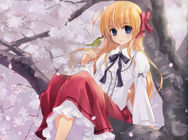 Anime picture 4548x3395 with fortune arterial august soft sendou erika tagme (artist) single long hair blush highres blue eyes blonde hair sitting absurdres bird on hand tree sitting girl dress bow plant (plants) hair bow animal