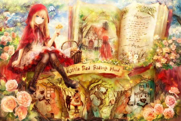 Anime picture 1550x1037 with little red riding hood little red riding hood (character) onineko long hair blue eyes blonde hair sitting girl dress flower (flowers) plant (plants) tree (trees) boots rose (roses) book (books) hood basket pink rose wolf