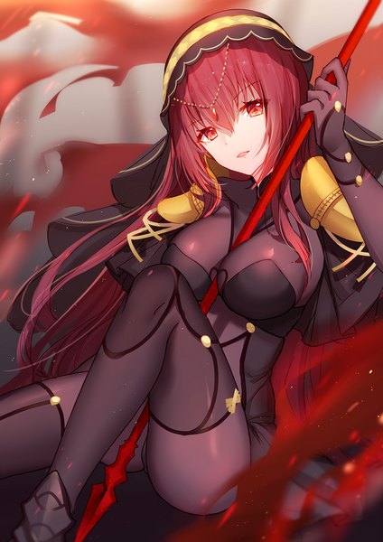 Anime picture 800x1131 with fate (series) fate/grand order scathach (fate) (all) scathach (fate) bison cangshu single long hair tall image looking at viewer fringe breasts open mouth light erotic hair between eyes red eyes large breasts sitting holding bent knee (knees) ass