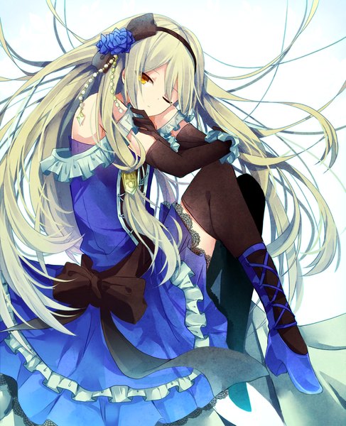 Anime picture 1000x1231 with original hiiragi souren single long hair tall image looking at viewer blonde hair bare shoulders one eye closed hair flower wink orange eyes girl thighhighs dress gloves hair ornament bow ribbon (ribbons) black thighhighs
