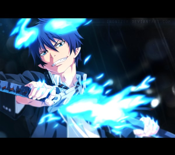 Anime picture 2000x1771 with ao no exorcist a-1 pictures okumura rin ironizer single highres short hair blue eyes smile blue hair pointy ears grin coloring magic letterboxed boy weapon sword necktie katana