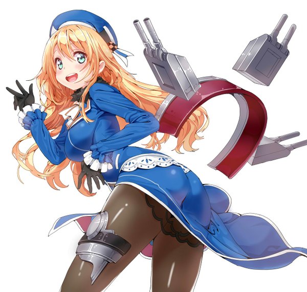 Anime picture 1260x1200 with kantai collection atago heavy cruiser mx2j (nsh6394) single long hair looking at viewer blush breasts open mouth simple background blonde hair large breasts white background turning head girl dress gloves pantyhose black gloves beret