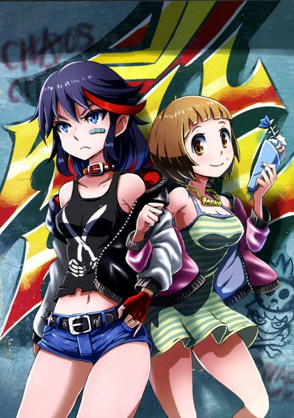 Anime picture 1200x1704 with kill la kill studio trigger matoi ryuuko mankanshoku mako k (katokenrock) tall image short hair blue eyes light erotic brown hair standing bare shoulders multiple girls brown eyes purple hair red hair multicolored hair open clothes open jacket two-tone hair