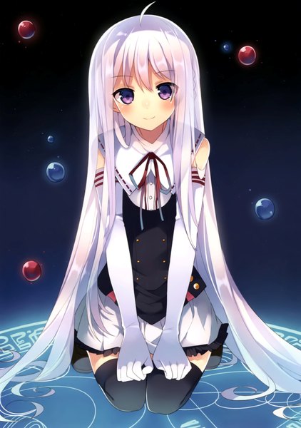 Anime picture 2460x3500 with mishima kurone single tall image looking at viewer blush highres purple eyes white hair braid (braids) very long hair scan kneeling magic girl thighhighs skirt gloves black thighhighs miniskirt elbow gloves