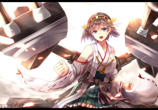 Anime picture 2384x1662 with kantai collection hiei battleship sakura ani single highres short hair open mouth blue eyes brown hair white background bare shoulders girl hair ornament weapon detached sleeves