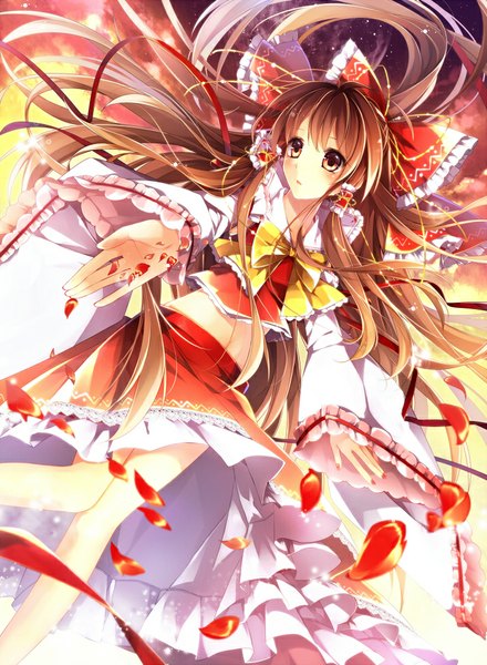 Anime picture 715x974 with touhou hakurei reimu mochizuki shiina single long hair tall image brown hair brown eyes sky cloud (clouds) ponytail nail polish traditional clothes sunlight midriff girl skirt bow ribbon (ribbons) hair bow