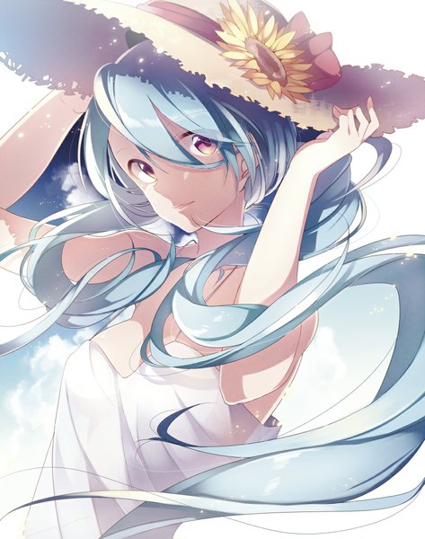 Anime picture 867x1100 with original umiko (munemiu) single long hair tall image looking at viewer twintails bare shoulders brown eyes sky wind aqua hair girl dress flower (flowers) hat white dress sundress straw hat hat ribbon