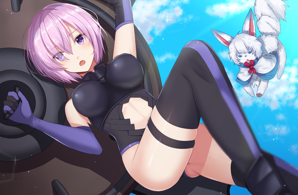 Anime picture 1126x739 with fate (series) fate/grand order mash kyrielight fou (fate) izumo neru single looking at viewer blush fringe short hair breasts open mouth light erotic large breasts purple eyes pink hair sky cloud (clouds) bent knee (knees) hair over one eye
