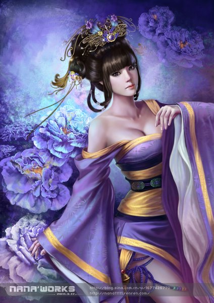 Anime picture 2480x3508 with original nana hang single long hair tall image fringe highres black hair bare shoulders cleavage realistic inscription 3d girl hair ornament flower (flowers) jewelry