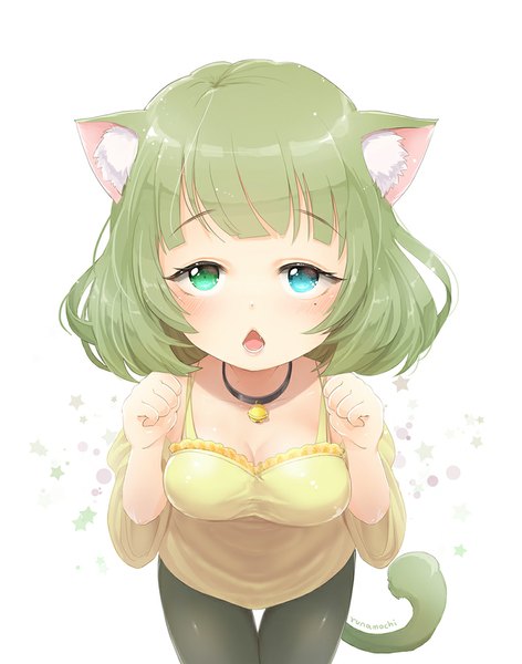 Anime picture 800x1016 with idolmaster idolmaster cinderella girls takagaki kaede runamochi tall image looking at viewer blush fringe short hair breasts open mouth blue eyes simple background bare shoulders green eyes animal ears tail animal tail green hair cat ears