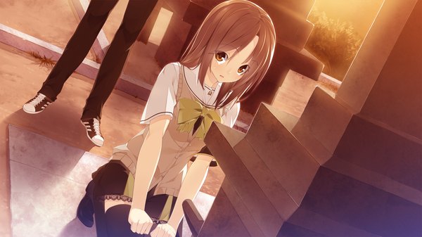 Anime picture 1280x720 with yume ka utsutsu ka matryoshka yagiura nagi long hair brown hair wide image brown eyes game cg girl thighhighs uniform black thighhighs school uniform tombstone