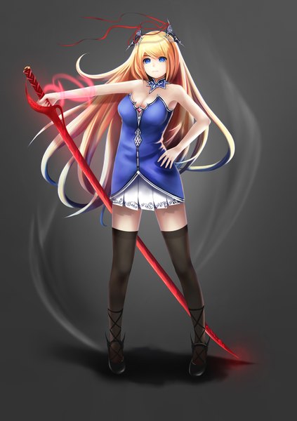 Anime picture 1024x1454 with original benezia single long hair tall image looking at viewer blue eyes simple background blonde hair grey background girl thighhighs dress hair ornament weapon black thighhighs sword