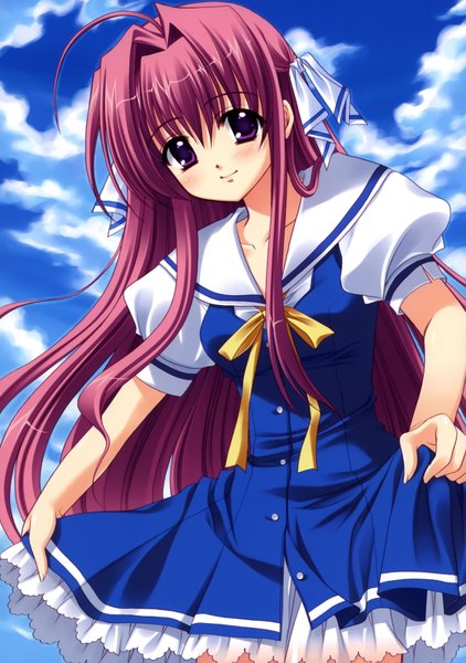 Anime picture 2432x3459 with clear tsukimura miki nishimata aoi single long hair tall image highres smile purple eyes absurdres sky cloud (clouds) red hair girl uniform school uniform
