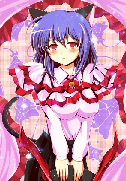 Anime picture 1200x1714 with touhou nagae iku kisaragi zwei (artist) tall image blush short hair light erotic red eyes animal ears purple hair tail cat ears maid cat tail girl pendant bell tray