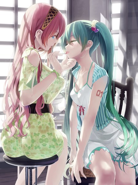 Anime picture 1920x2560 with vocaloid hatsune miku megurine luka okingjo tall image highres breasts blue eyes light erotic large breasts sitting twintails multiple girls pink hair eyes closed very long hair aqua hair lipstick shoujo ai red lipstick