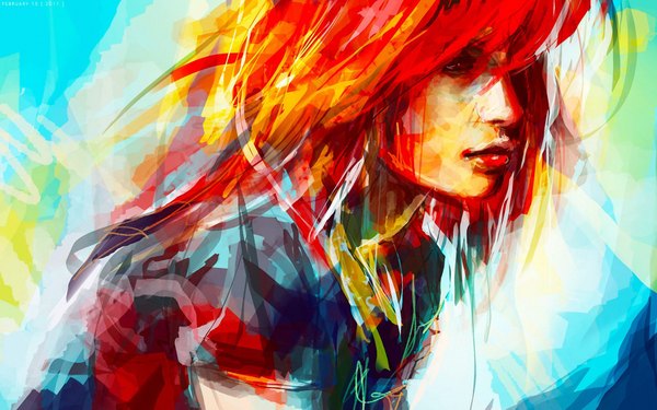 Anime picture 1920x1200 with original wlop single highres wide image red hair multicolored hair lips orange hair lipstick abstract girl