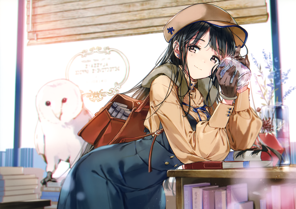 Anime picture 5772x4073 with original tiv single long hair looking at viewer fringe highres black hair smile standing holding brown eyes absurdres indoors long sleeves blurry scan mole leaning depth of field