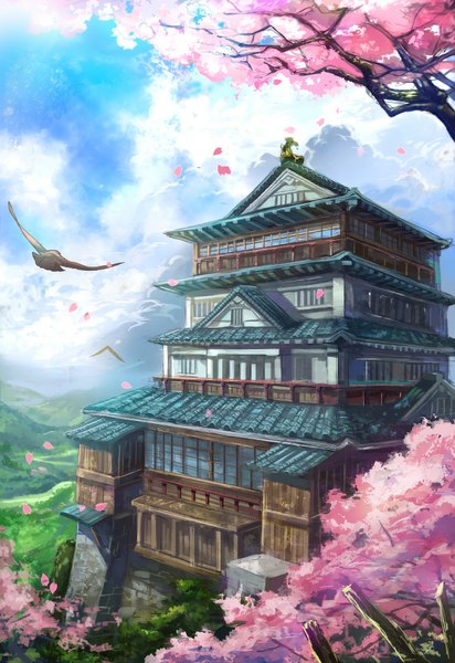 Anime picture 700x1019 with original samu (a117216) tall image cloud (clouds) sunlight cherry blossoms mountain plant (plants) animal petals tree (trees) bird (birds) branch roof japanese house