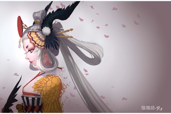 Anime picture 1811x1213 with onmyoji gu huo niao f.z single long hair highres purple eyes signed looking away upper body white hair traditional clothes profile grey background tattoo lipstick gradient background looking down letterboxed red lipstick